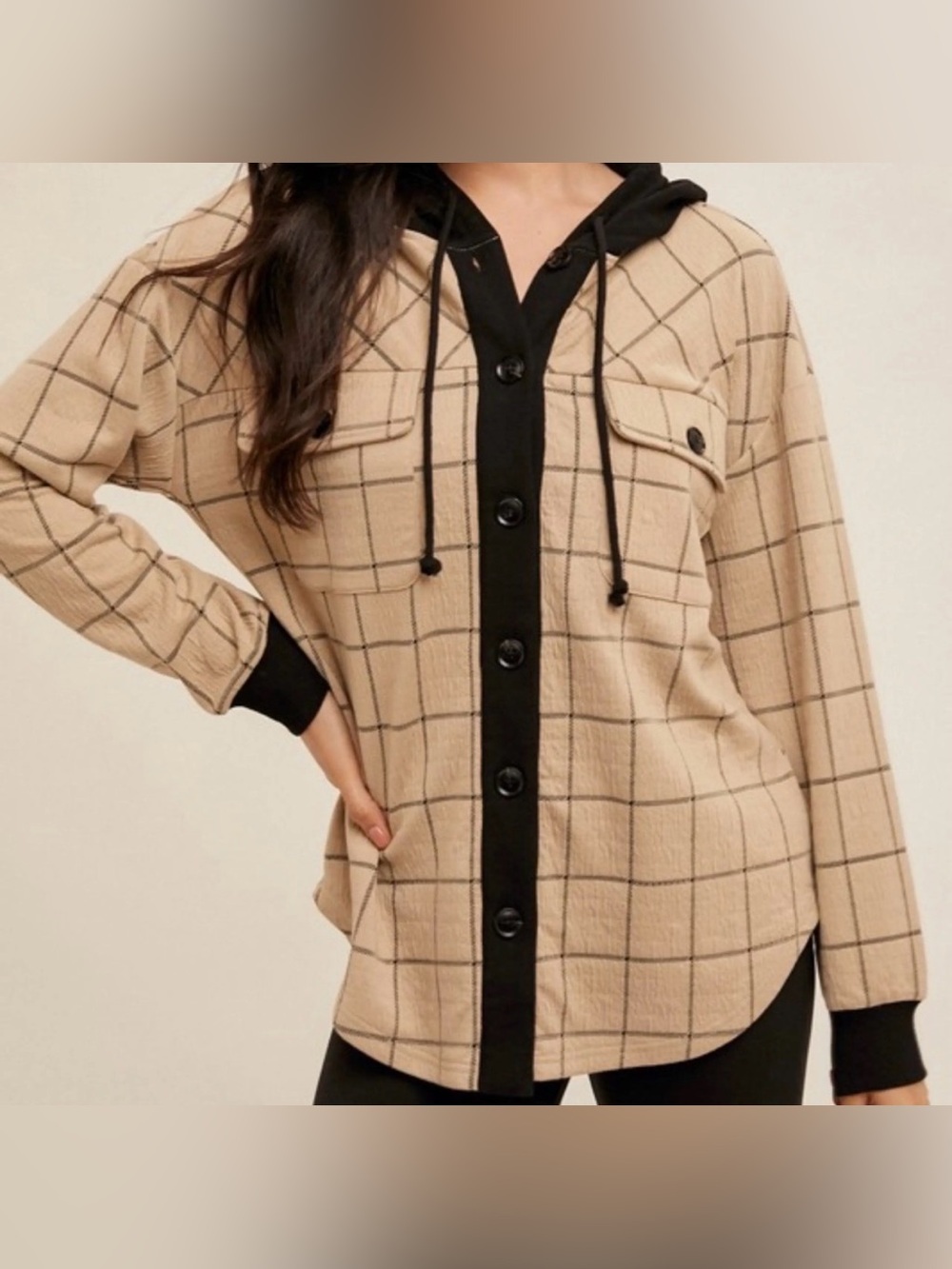Beige Plaid Button-Up Jacket with Black Trim. Hem and Thread size medium NWT.
